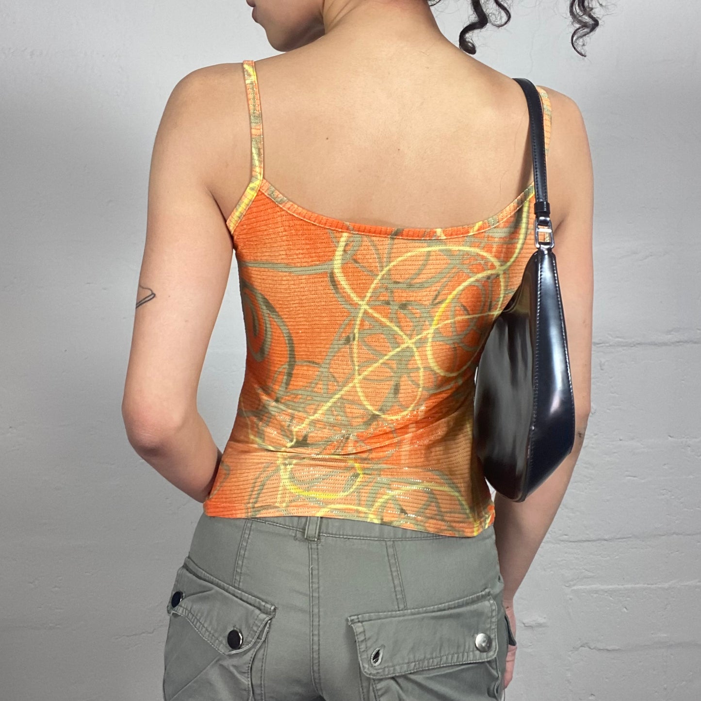 Vintage 2000's Casual Boho Orange Cami Top with Futuristic Print (S)