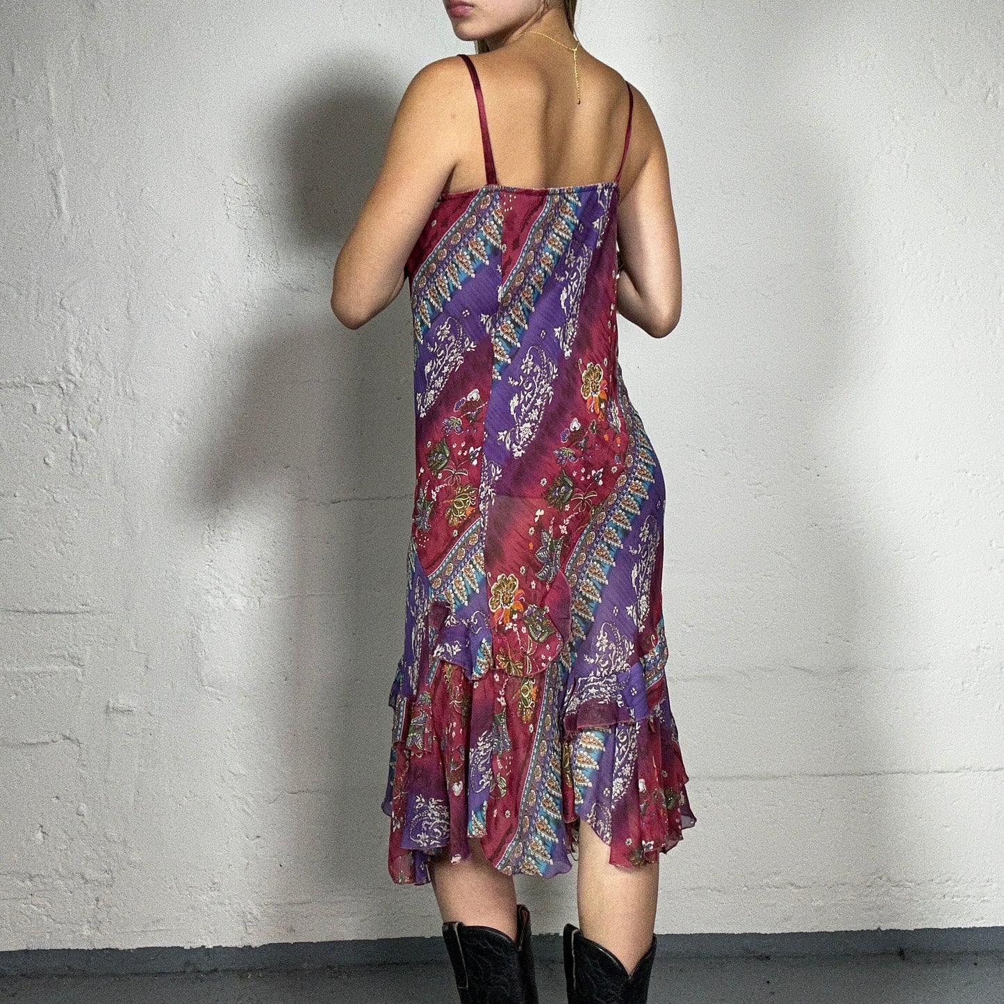 Vintage 2000's Boho Girl Red Printed Chiffon Cami Midi Dress with Purple Accents (M)