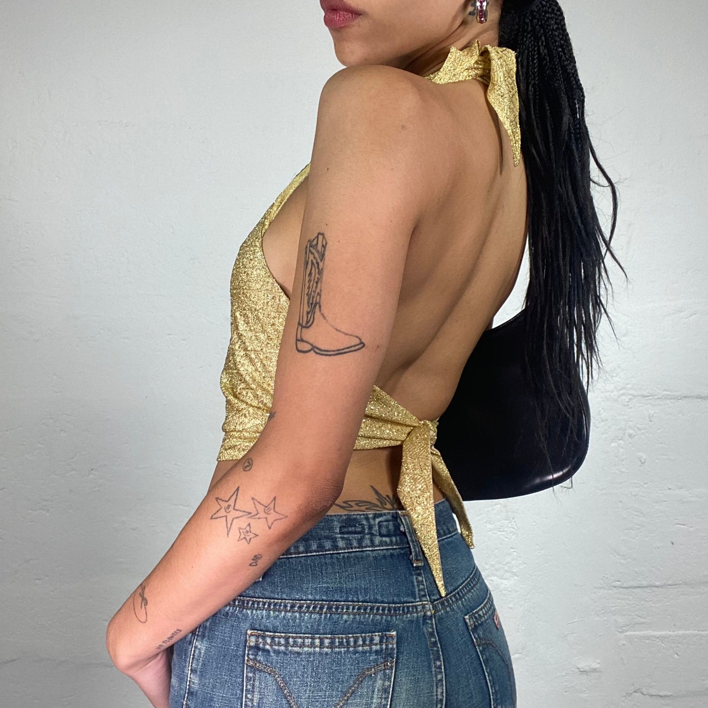 Vintage 2000's Clubwear Gold Glitter Cropped Neckholder Top with Back Bindings (M)