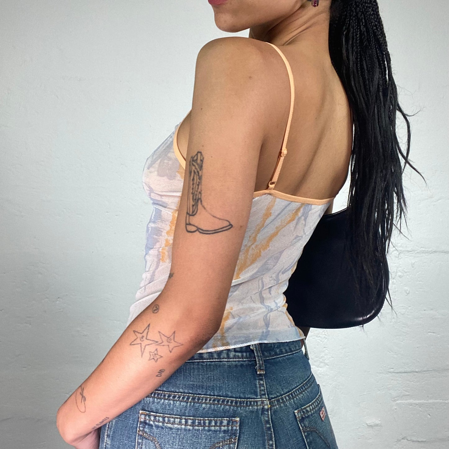 Vintage 2000's Soft Girl White Mesh See Through Cami Top with Peachy Print (M)