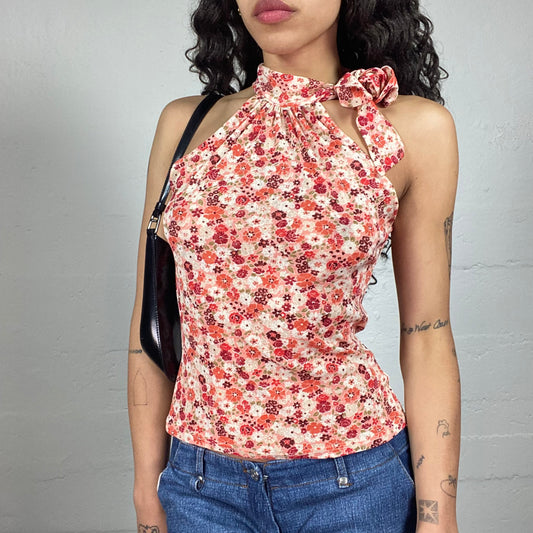 Vintage 2000's Romantic Orange Floral Print Turtleneck Sleeveless Top with Neck Ribbon (S)