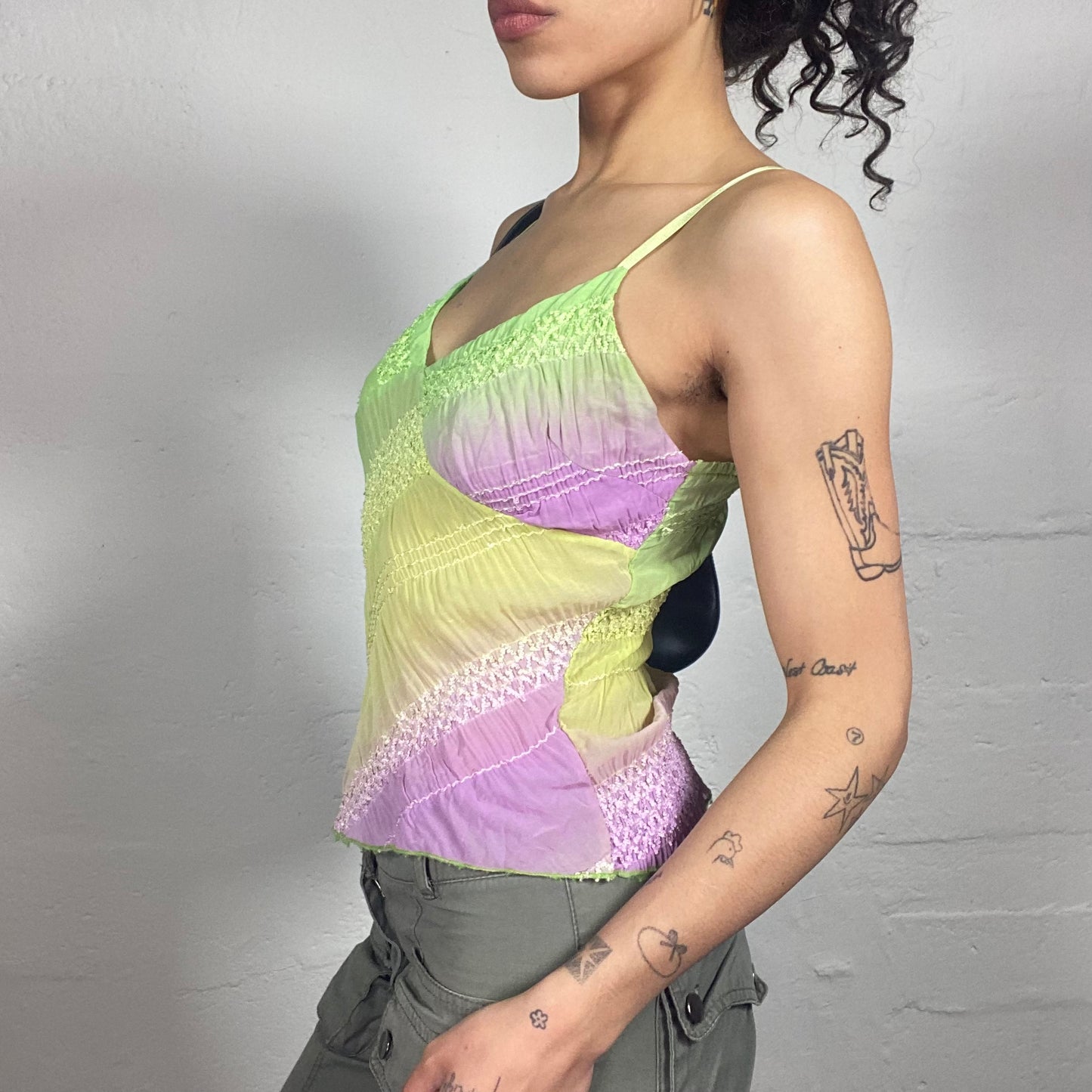 Vintage 2000's Forest Fairy Light Green and Pink Ruffled Cami Top (M)