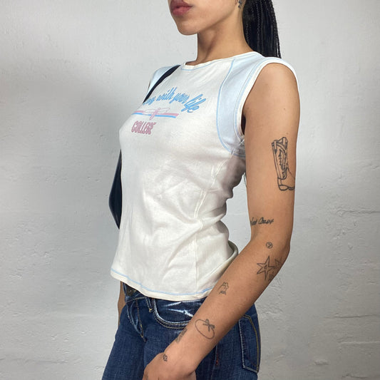 Vintage 2000's Downtown Girl White and Baby Blue Tank Top with Play With Your Life Typography Print (M)