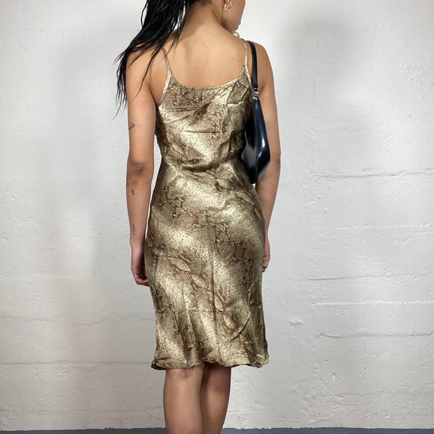 Vintage 2000's Glamorous Beige Toned Snake Skin Effect Printed Knee Length Cami Dress (M)