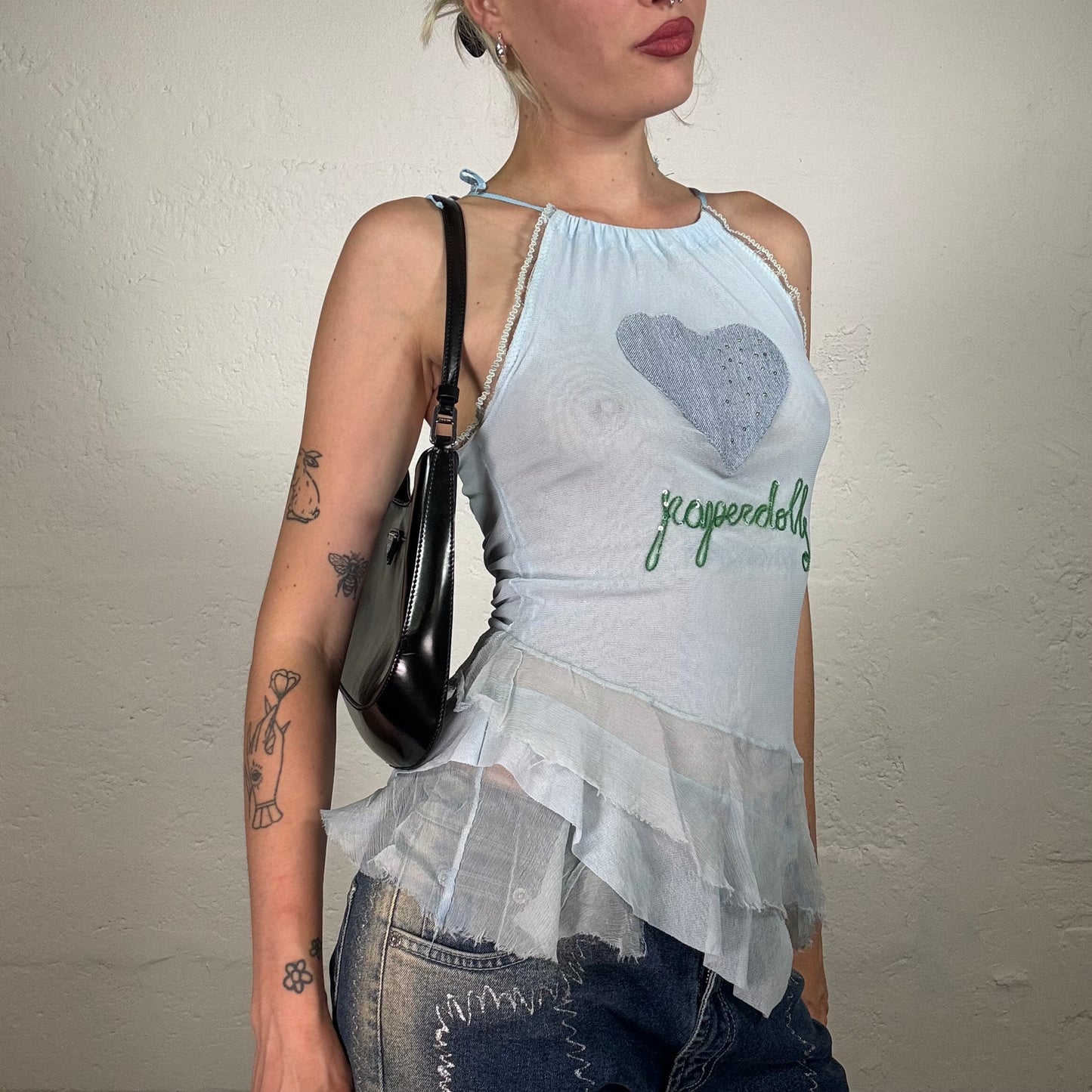Vintage 2000's Ballerina Baby Blue Top with Green Sequins, Denim Heart Print and Chiffon Trim (S)