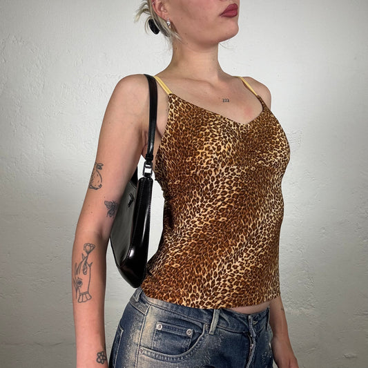 Vintage 2000's Cheetah Girl Yellow Toned Leo Printed Cami Top with Yellow Shoulder Stripes (S)
