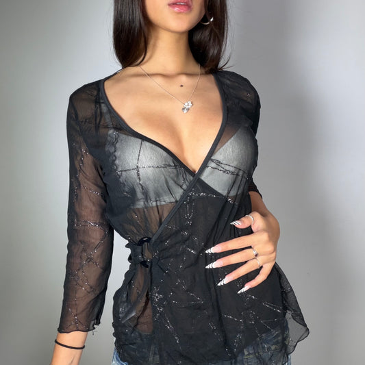 Vintage 90’s Clubwear Black Sheer Top with Glitter Detail (M)