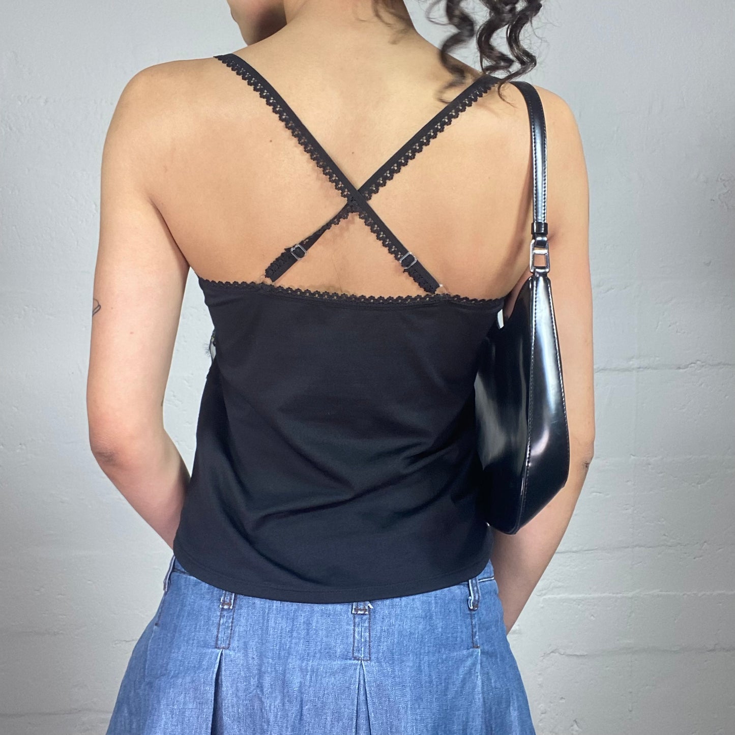 Vintage 2000's Downtown Girl Black Cami Top with Sequins Floral Deco and Crossing Stripes Back (L)