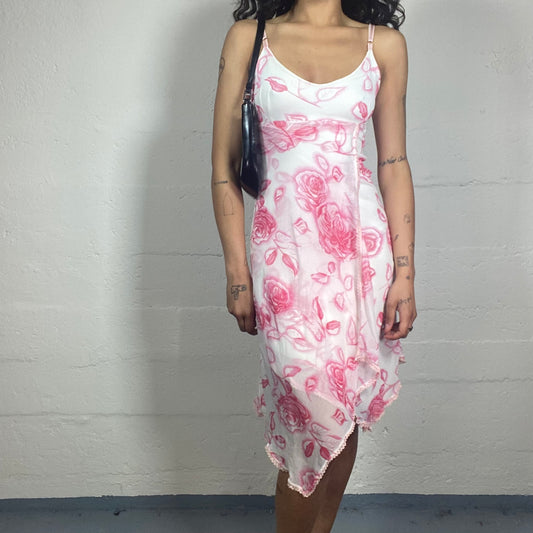 Vintage 2000's Romantic White Flowy Chiffon Asymmetric Cami Dress with Pink Roses Print (S)