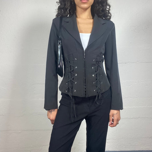 Vintage 2000's Grungy Black Zip Up Boxy Fit Blazer With Symmetric Lacing Up Details (L)