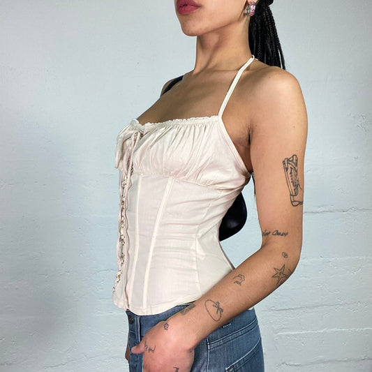 Vintage 2000's Soft Girl Creamy Front Lace Up Neckholder Corset Style Top (S)