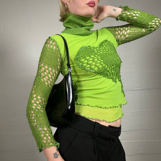 Vintage 2000's Downtown Girl Lime Green High Neck Longsleeve Top with Crochet Details