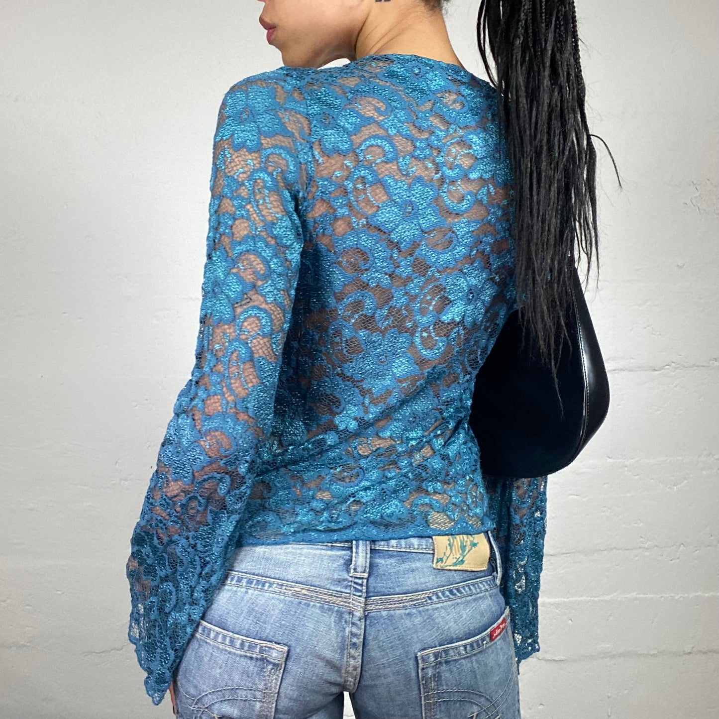 Vintage 2000's Romantic Blue Shimmer Lace and Satin Longsleeve Bolero Top (S)