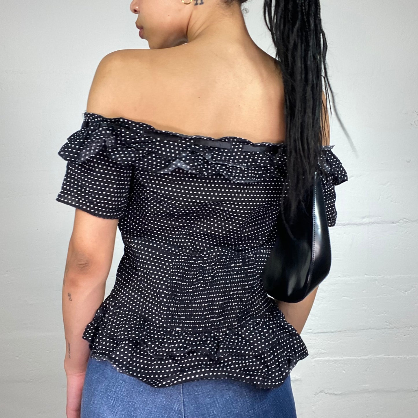 Vintage 2000's Morgan Coquette Black Off Shoulder Button Up Polka Dot Printed Top with Ribbon Detail (M)