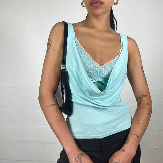 Vintage 2000’s Soft Girl Aquamarine Blue Draped Top with Lace Layer (S)