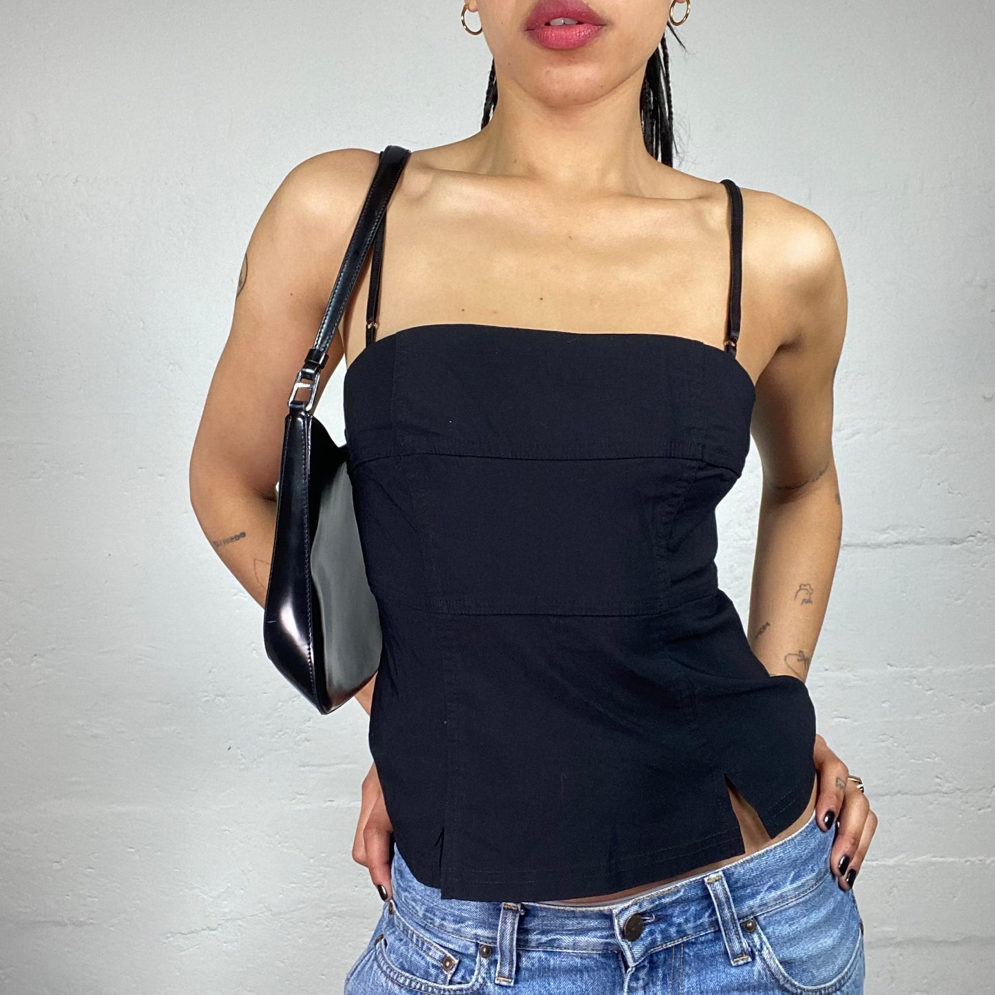 Vintage 2000's Downtown Girl Black Slim Fit Corset Style Cami Top (M)