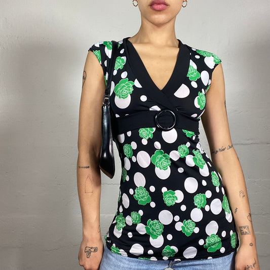 Vintage 2000's Glam Black Coquette Fit Long Top with White and Green Print and Metal Ring Detail (S)