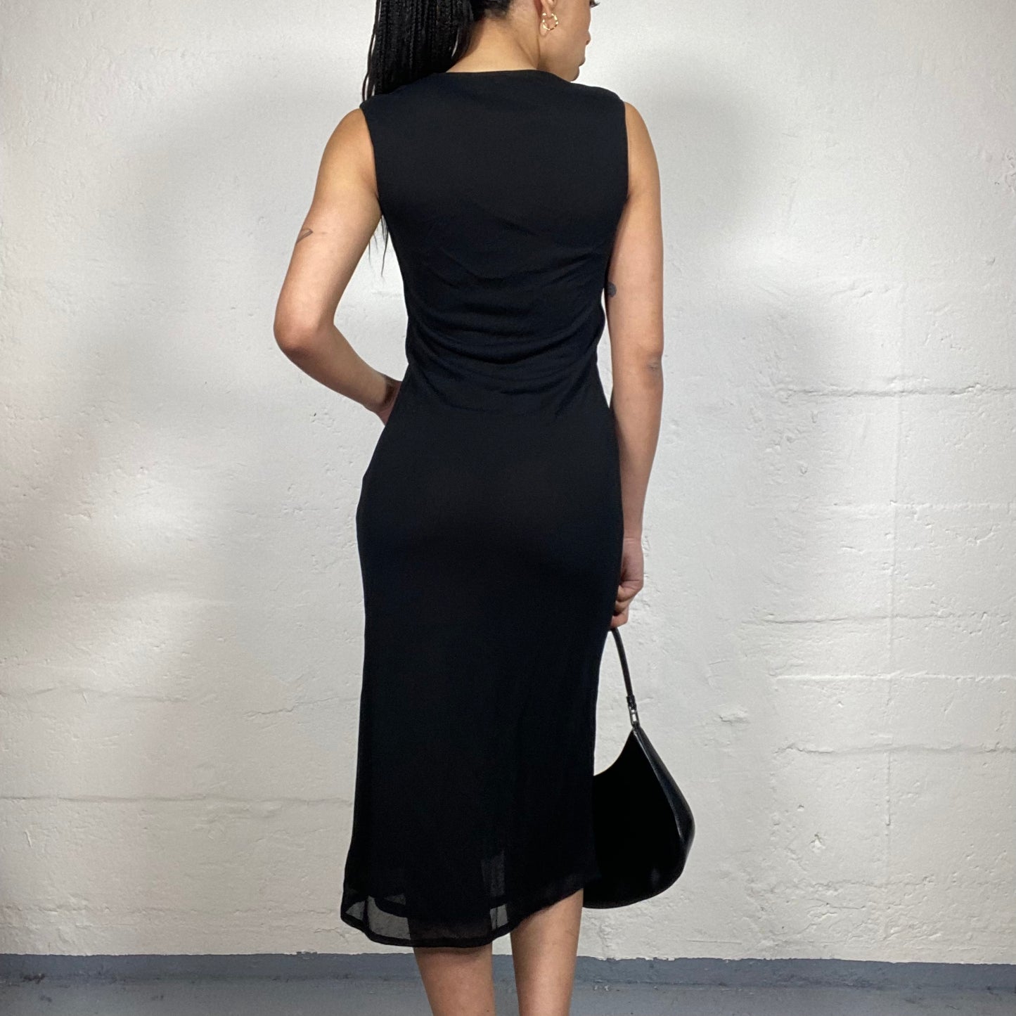 Vintage 2000's Archive Gucci Old Money Classy Black Slim Fit Midi Dress with Hanging Stripes Details (M)