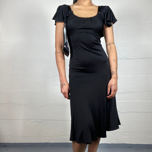 Vintage 2000's Michael Kors Classy Black Midi Dress with Draped Short Sleeves (S)