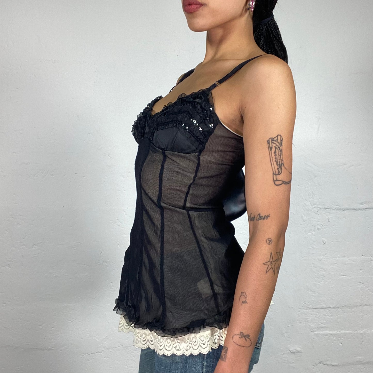 Vintage 2000's Romantic Glam Black Lingerie Style Striped Cami Top With Sequin Decorated Bra and White Lace Detail (M)