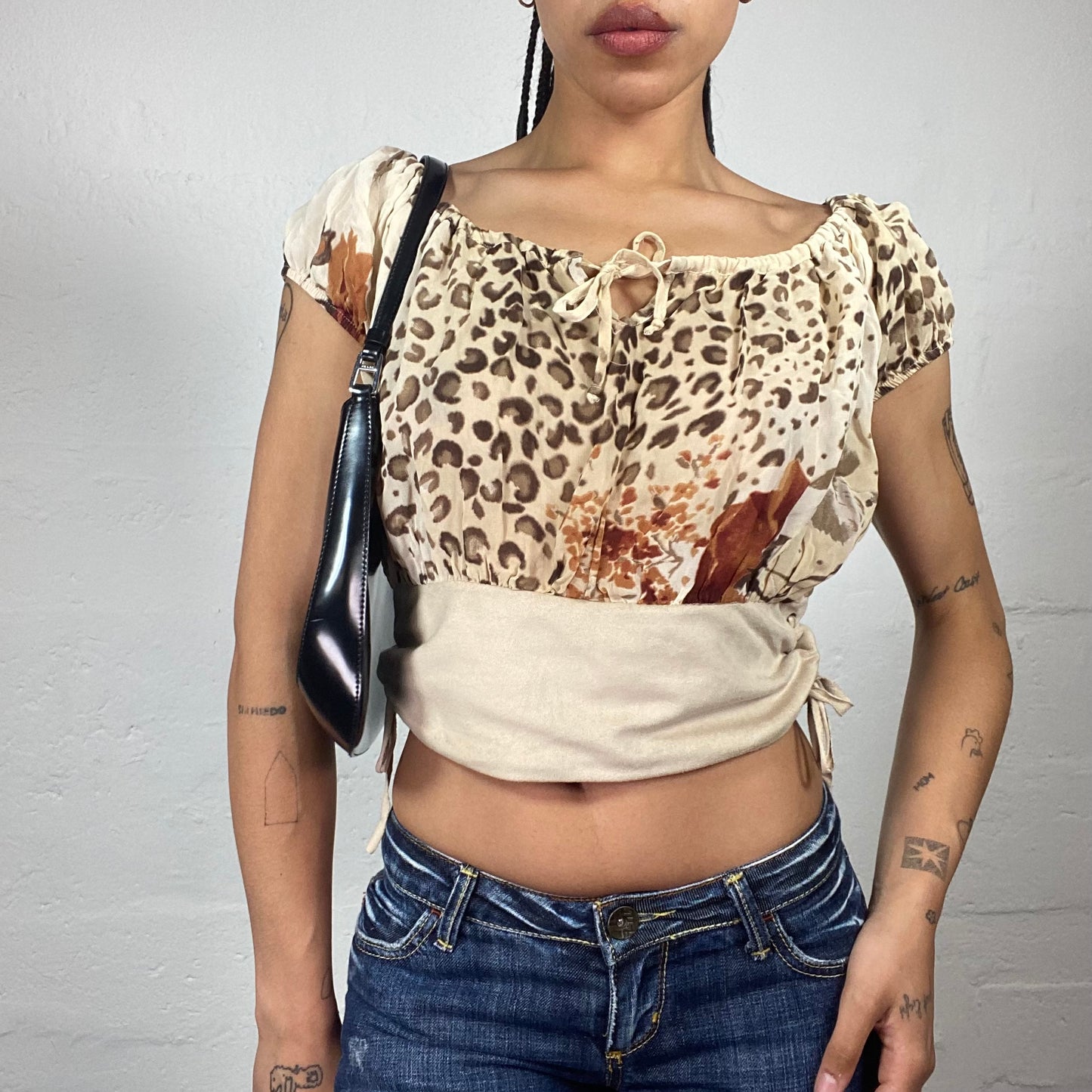 Vintage 2000's Romantic Creamy Beige Chiffon Off Shoulder Ruffled Sleeves Top with Side Bindings and Animal Print (M)