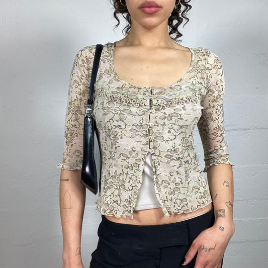 Vintage 2000's Romantic Summer Mesh Cardigan Style Top with Floral Print (S)