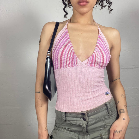 Vintage 2000's Soft Girl Pink Jersey Striped Bea Neckholder Top (S)