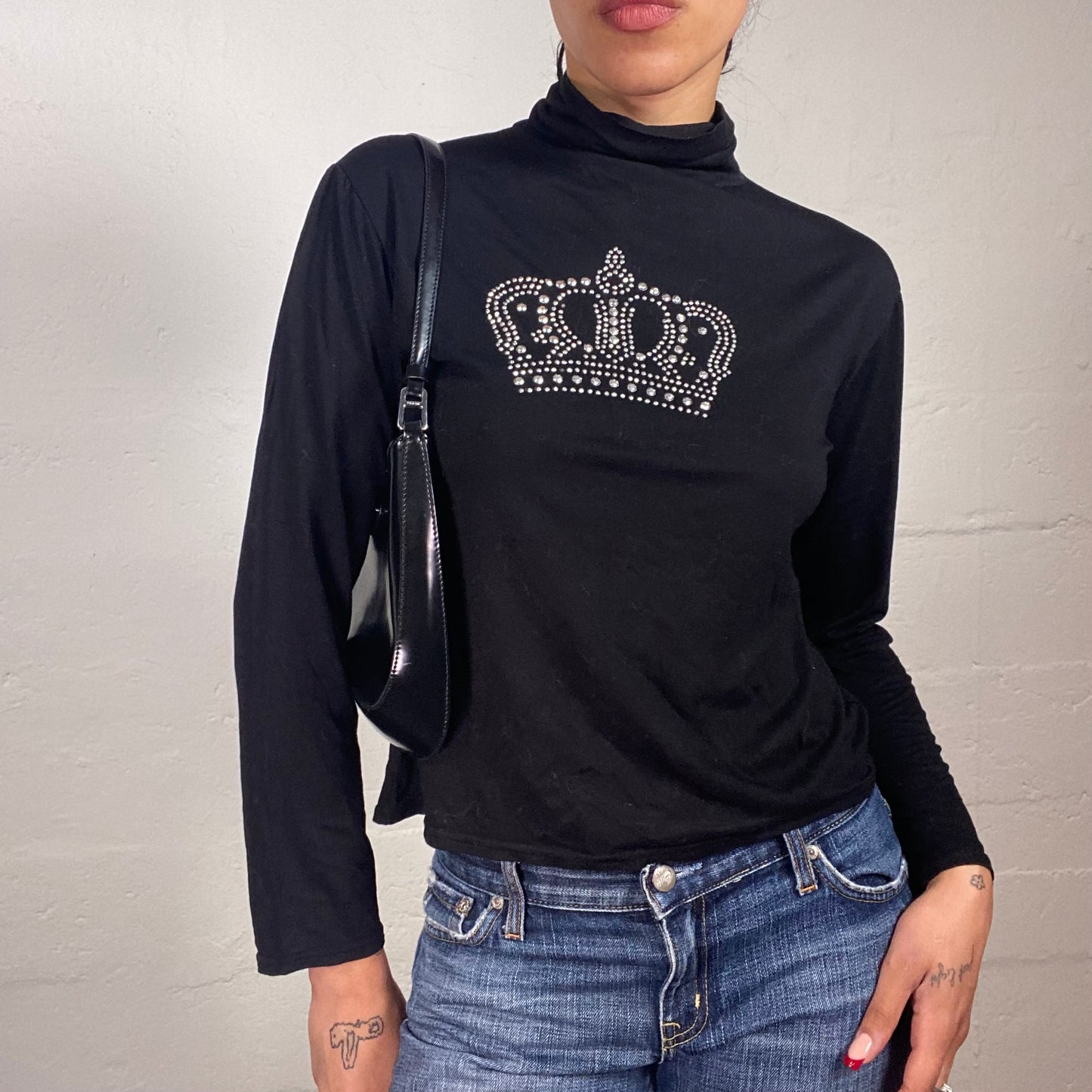 Vintage 2000's Night Out Black Longsleeve Turtleneck Top with Crown Rhinestone Embroidery (M/L)