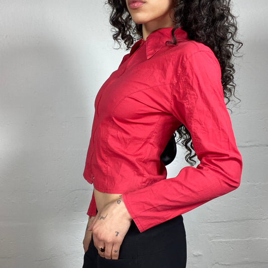 Vintage 2000's Office Girl Red Zip Up Shirt with Collar (S)