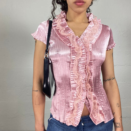 Vintage 2000's Soft Girl Pink Satin Textured Top with Ruffle Details and Short Sleeves (M)