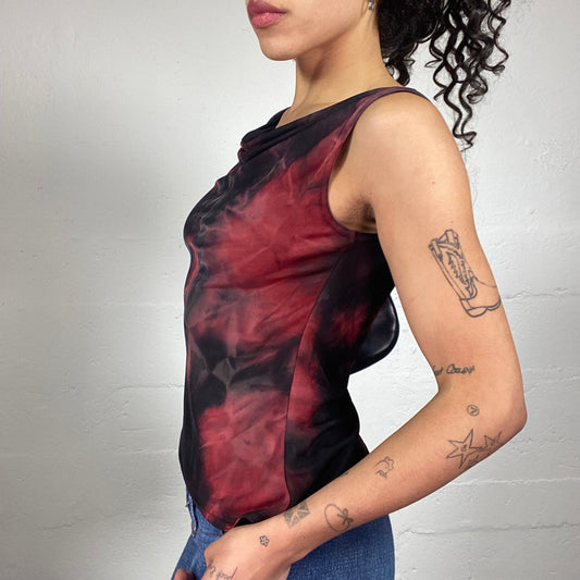 Vintage 2000's Grunge Vamp Girl Asymmetric Draped Black and red Tie Dye Top (L)