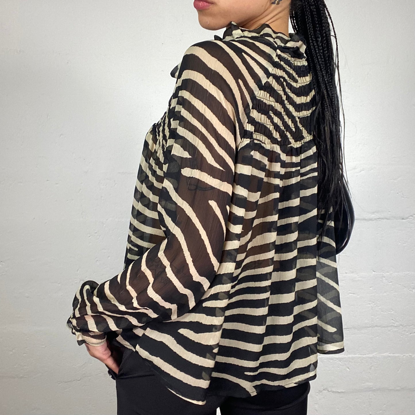 Vintage 2000's Romantic Chiffon Striped Black and Beige Button Up Shirt (M)