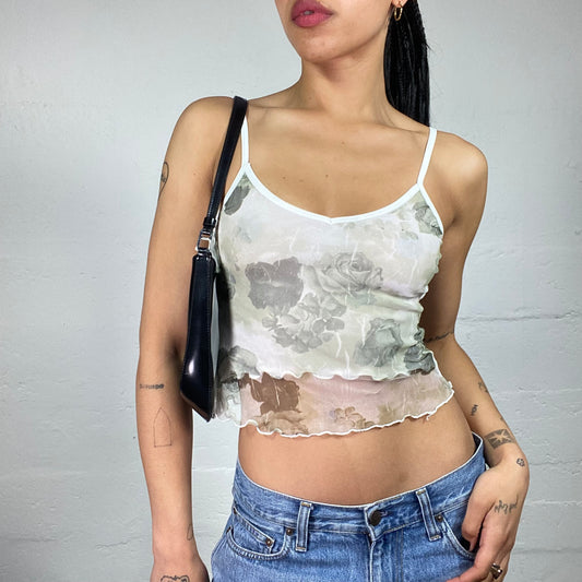Vintage 2000's Romantic White Cropped Mesh Details Rose Print Cami Top (S)