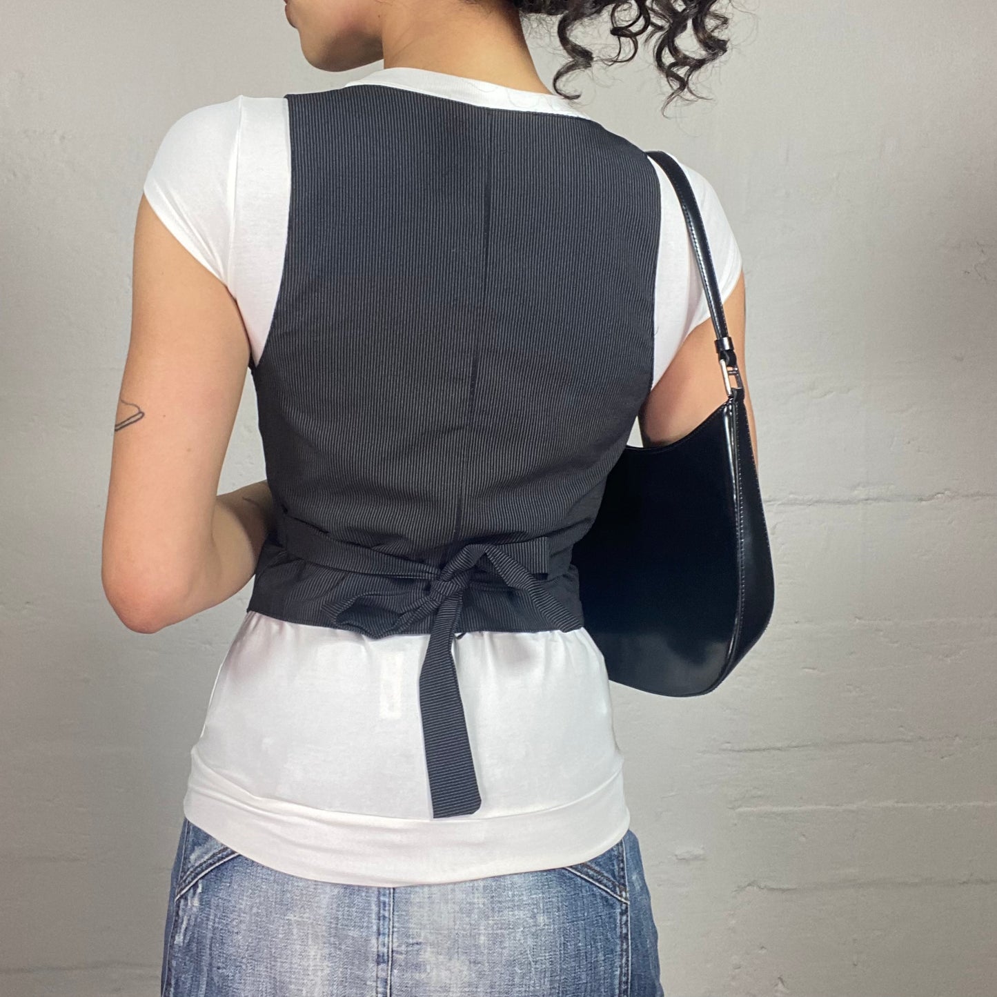 Vintage 2000's Office Girl Black Striped Button Up Vest (S)