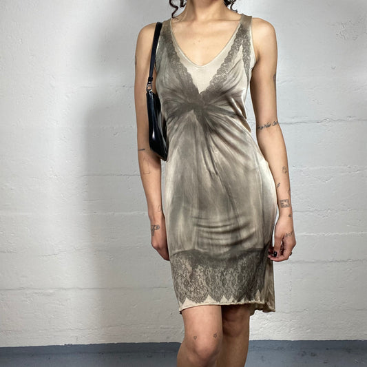 Vintage 2000's Classy Beige Dress Printed Silky Dress (M)