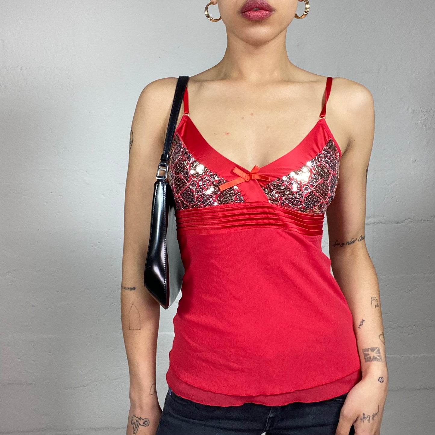 Vintage 2000's Glamorous Red Shiffon Layered Cami Top with Silver Shiny Details (S)