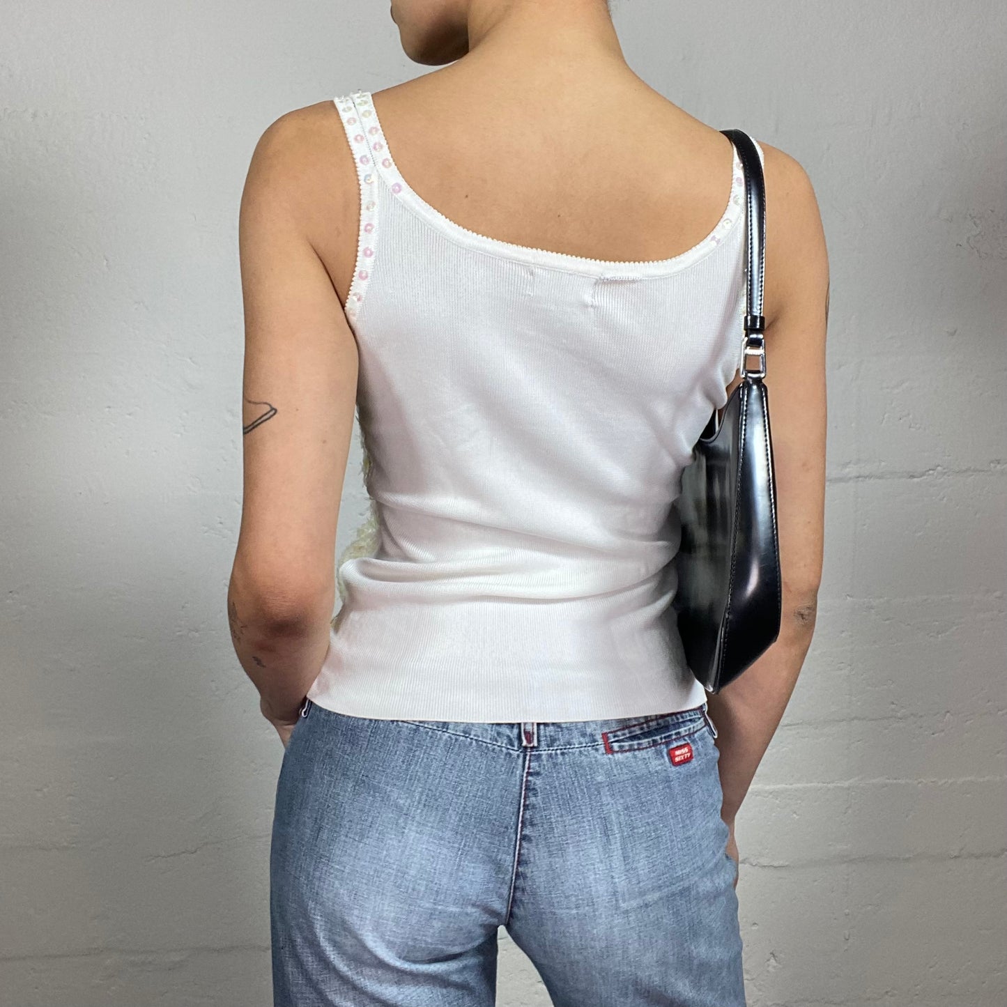 Vintage 2000's Mermaid White Tank Top with Pink Toned Sequins (S)