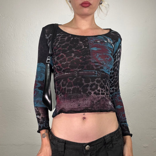 Vintage 2000's Punky Black Blue and Pink Leo and Lace Print Longsleeve Top (S)