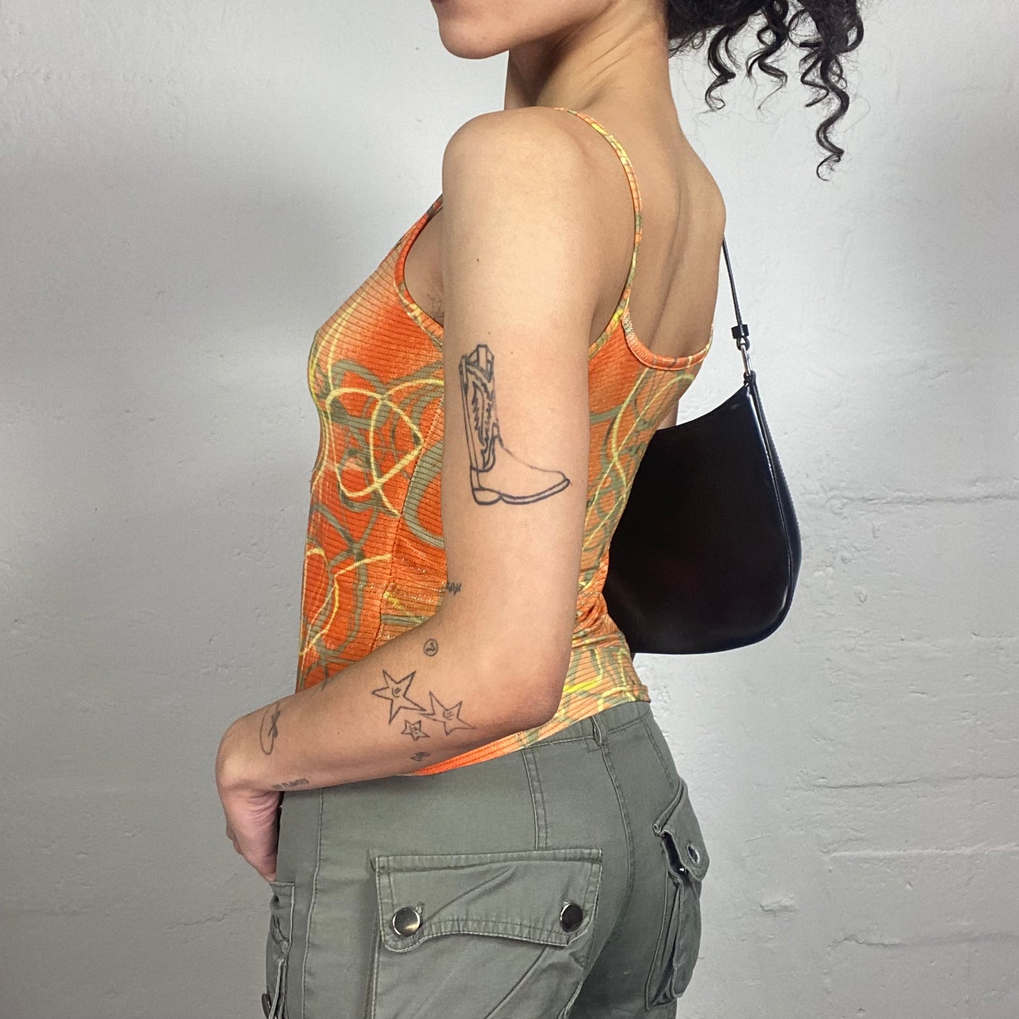 Vintage 2000's Casual Boho Orange Cami Top with Futuristic Print (S)
