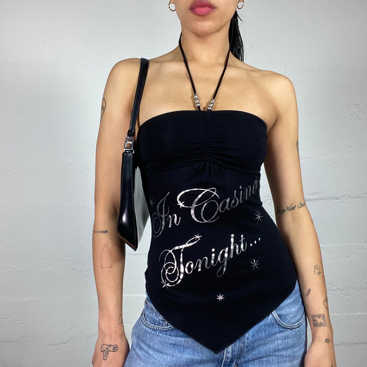 Vintage 2000's Clubwear Black Neckholder Top with Silver In Casino Tonight Print (S)