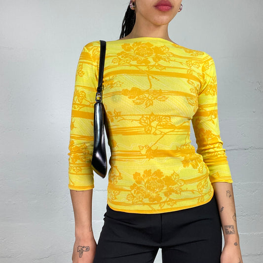 Vintage 2000's Summer Girl Yellow Longsleeve Top with Matching Tone Boho Style Print (M)