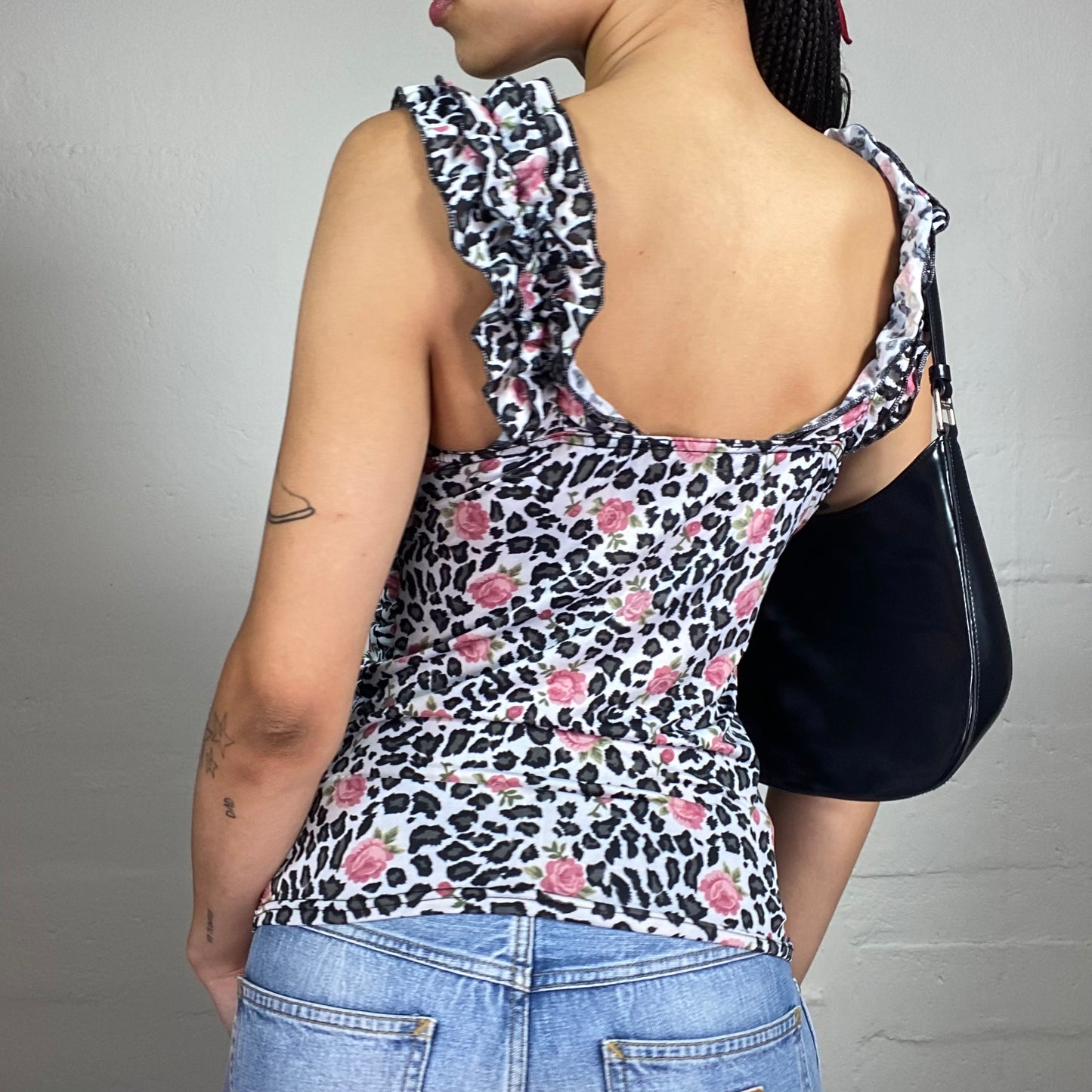Vintage 2000's Romantic Animal Print Ruffled Decorated Cami Top with Pink Flowers Details (S)