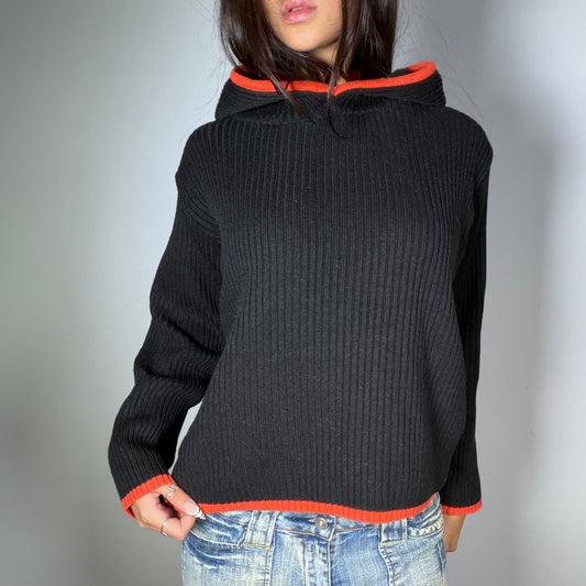 Vintage 90’s Sporty Black Hooded Knit Pullover with Red Trim (M)