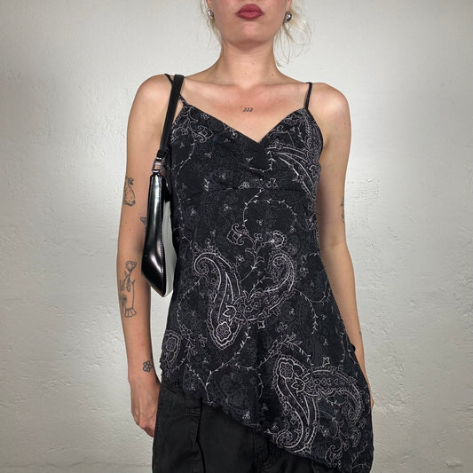 Vintage 2000's Gothic Black Chiffon Top with Paisley print and Asymmetrical Ruffle Hem (L)
