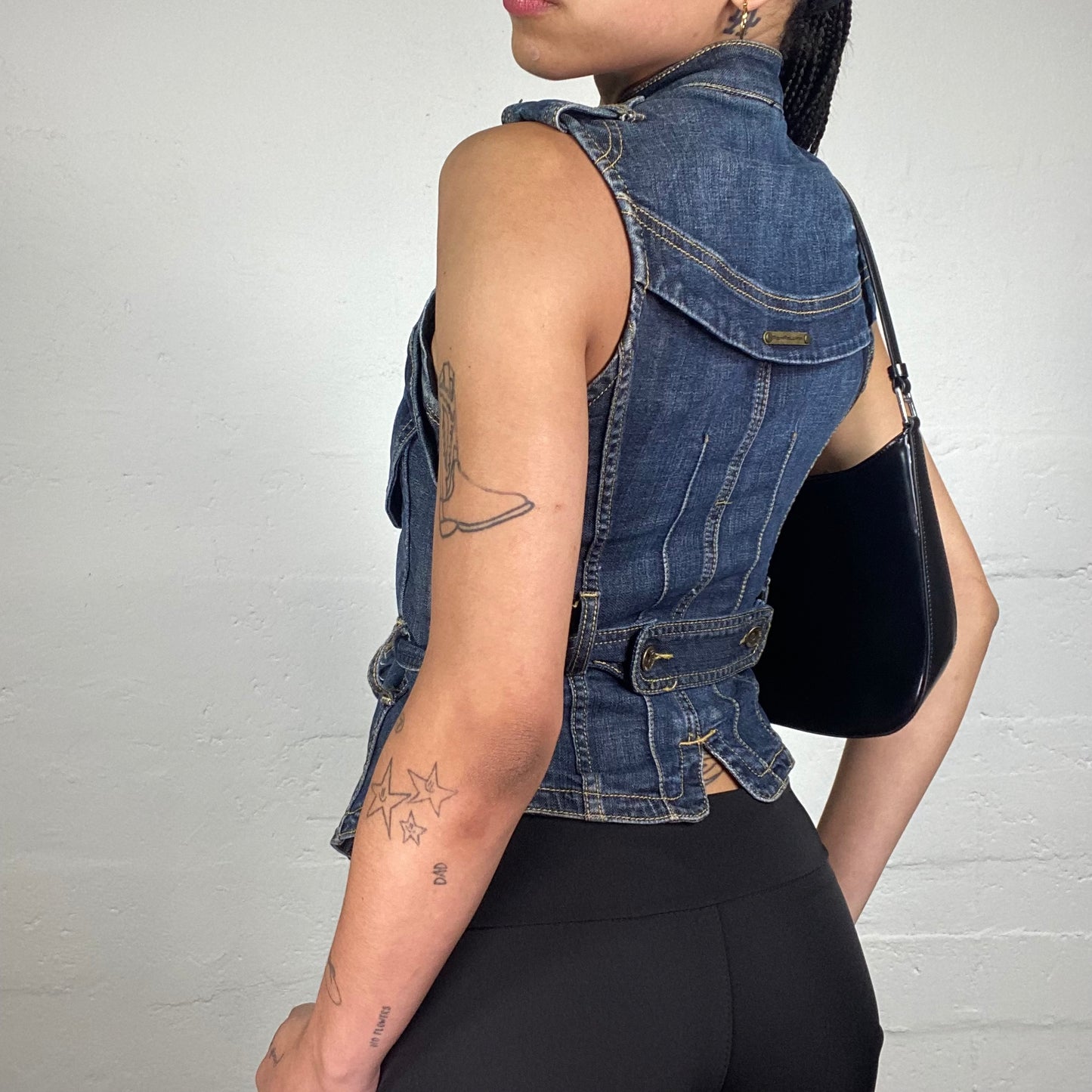 Vintage 2000's Downtown Girl Dark Blue Denim Zip Up Vest with Waist Binding and Layering Details (M)