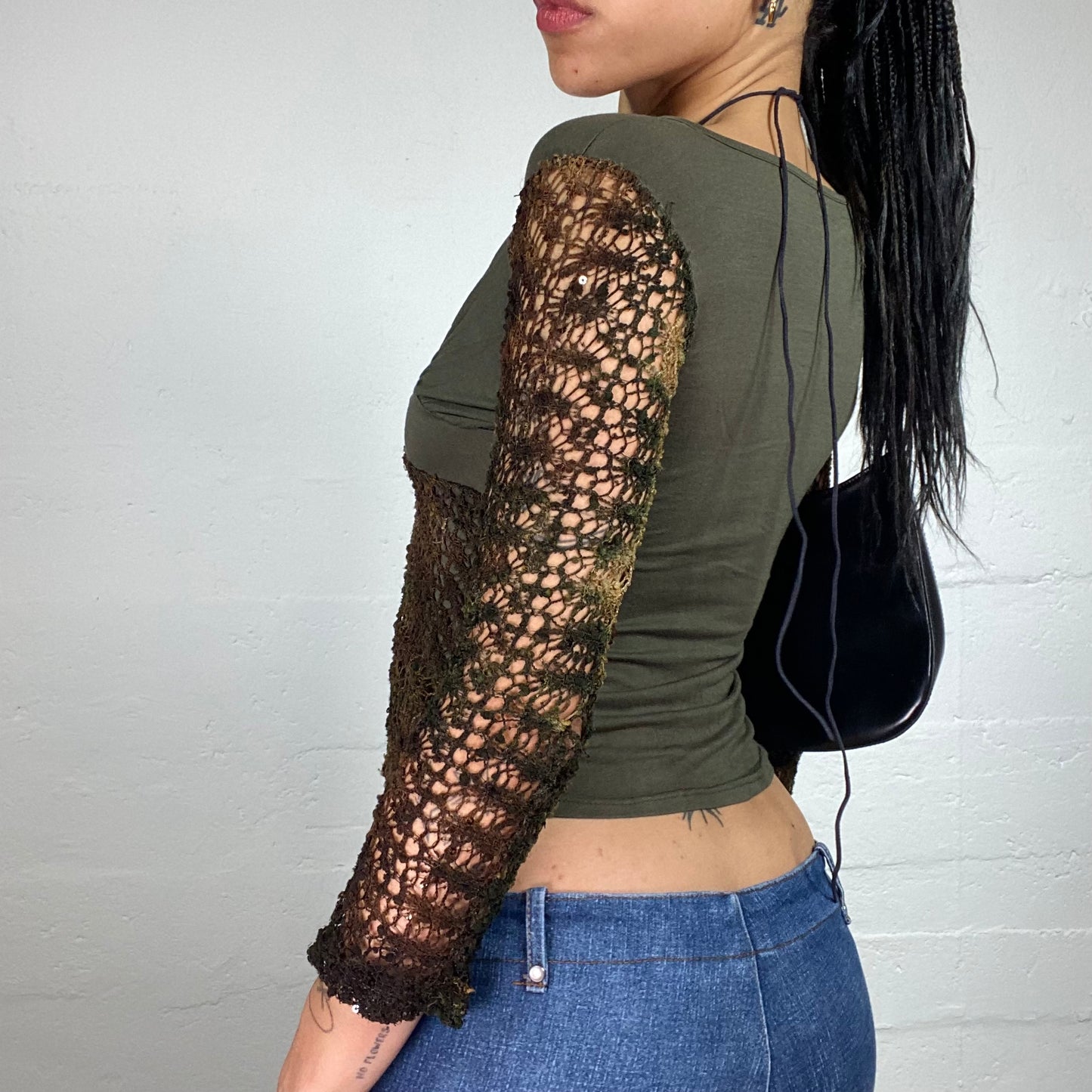 Vintage 2000's Boho Girl Khaki Green and Brown Fade 3/4 Sleeve Cropped V-Cut Top with Net Crochet Details (S)
