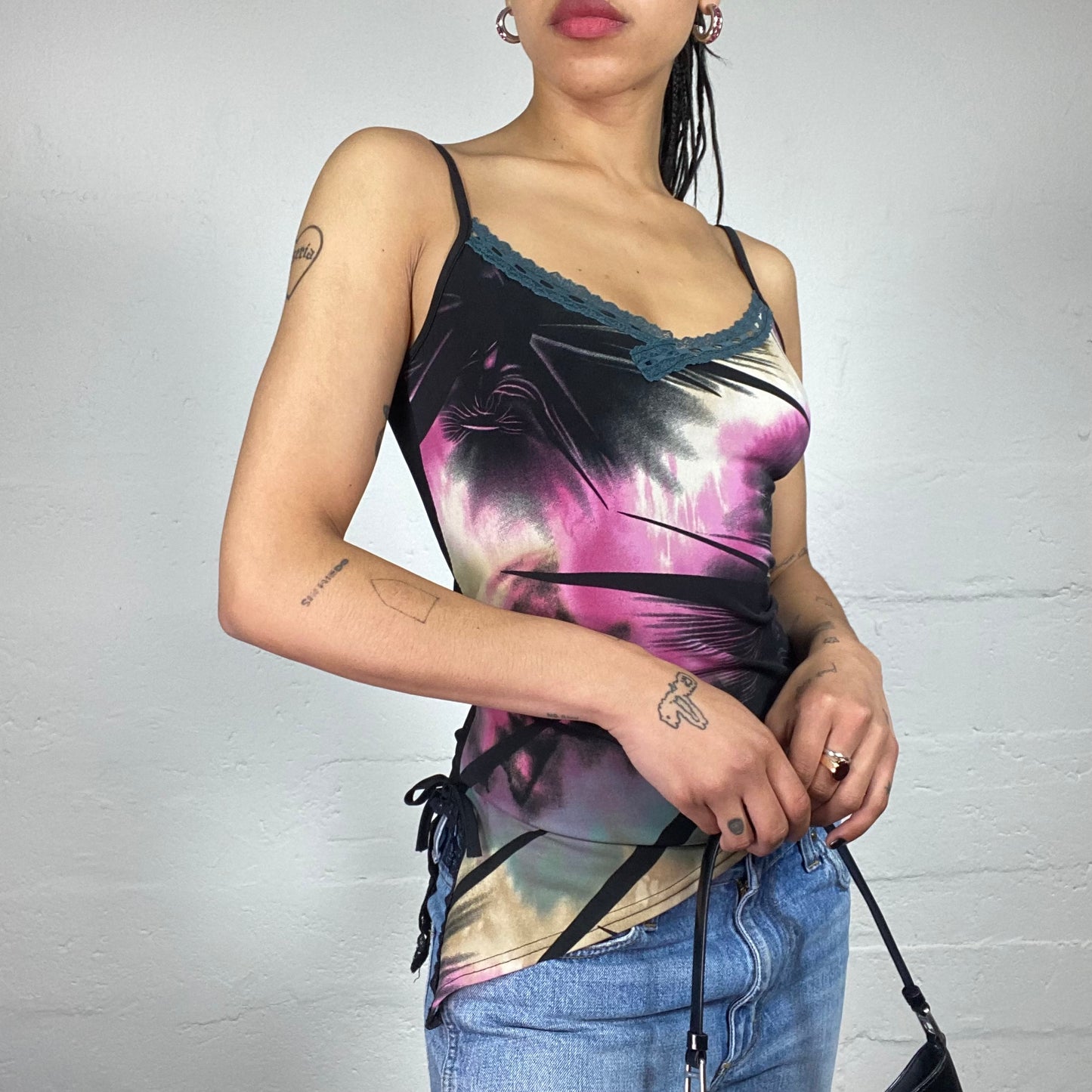 Vintage 2000's Downtown Girl Green Black and Pink Abstract Print Cami Too with Lace Trim (S)