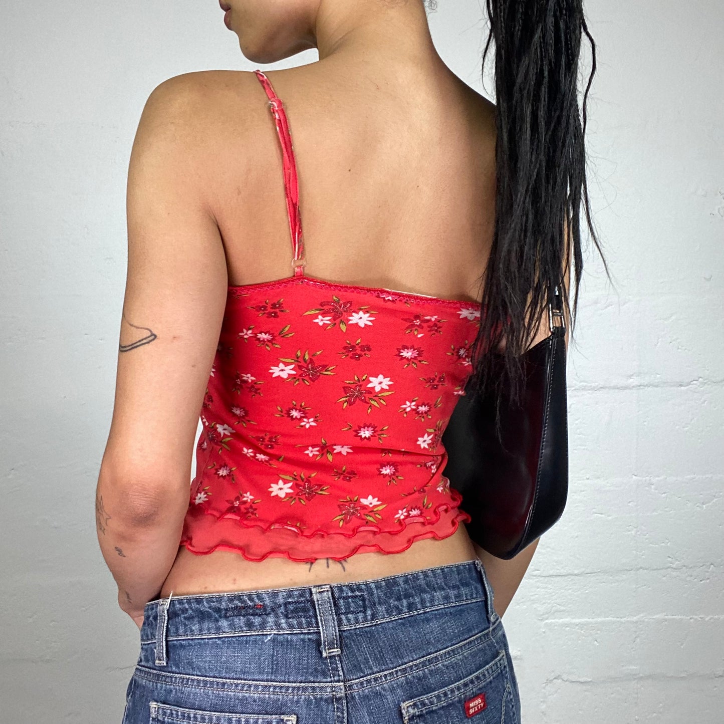 Vintage 2000's Summer Coral Red Layered Floral Print Cami Top (S)