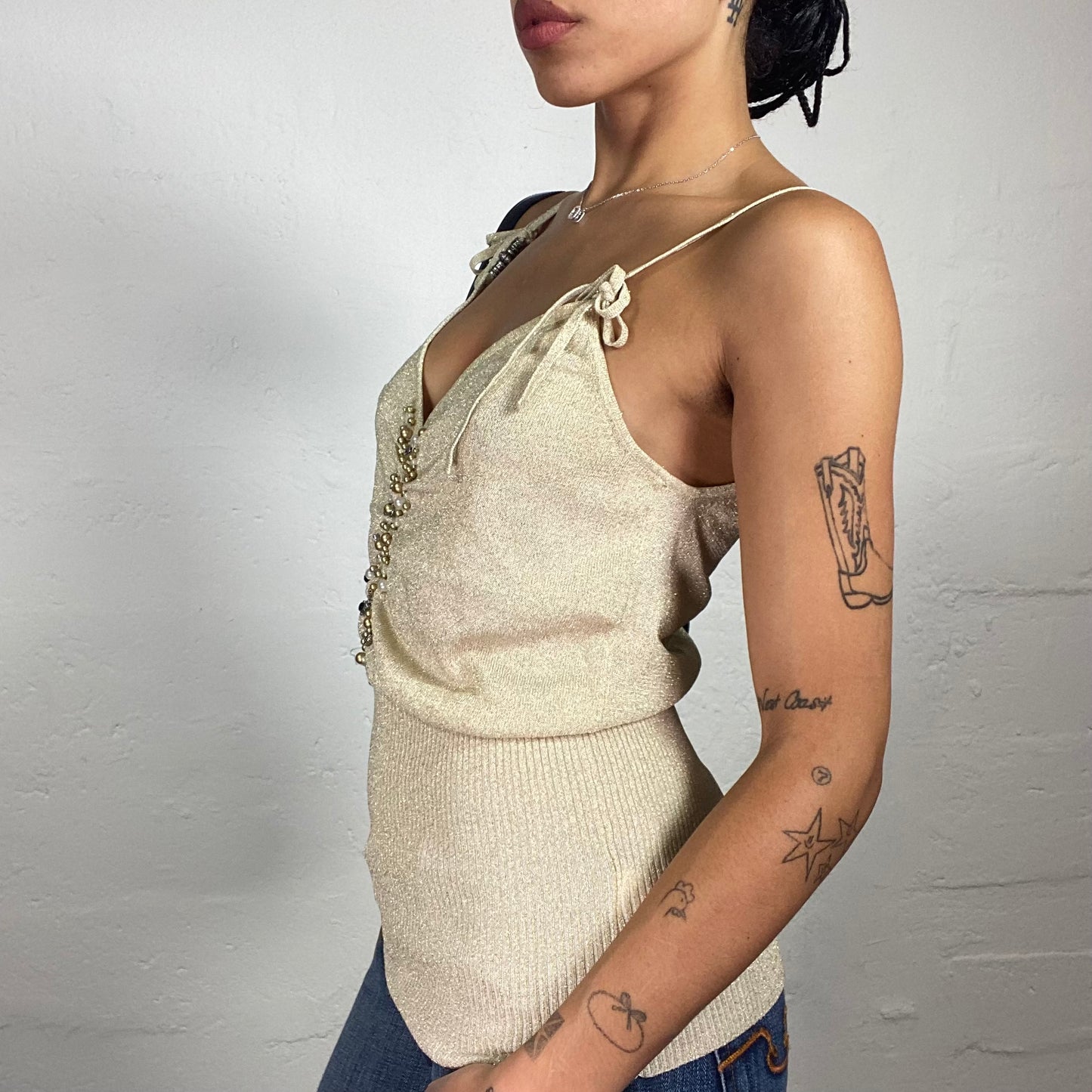 Vintage 2000's Glamorous Creamy Gold Shine Jersey Cami Top with Shoulder Bindings and Pearls Detail (L)