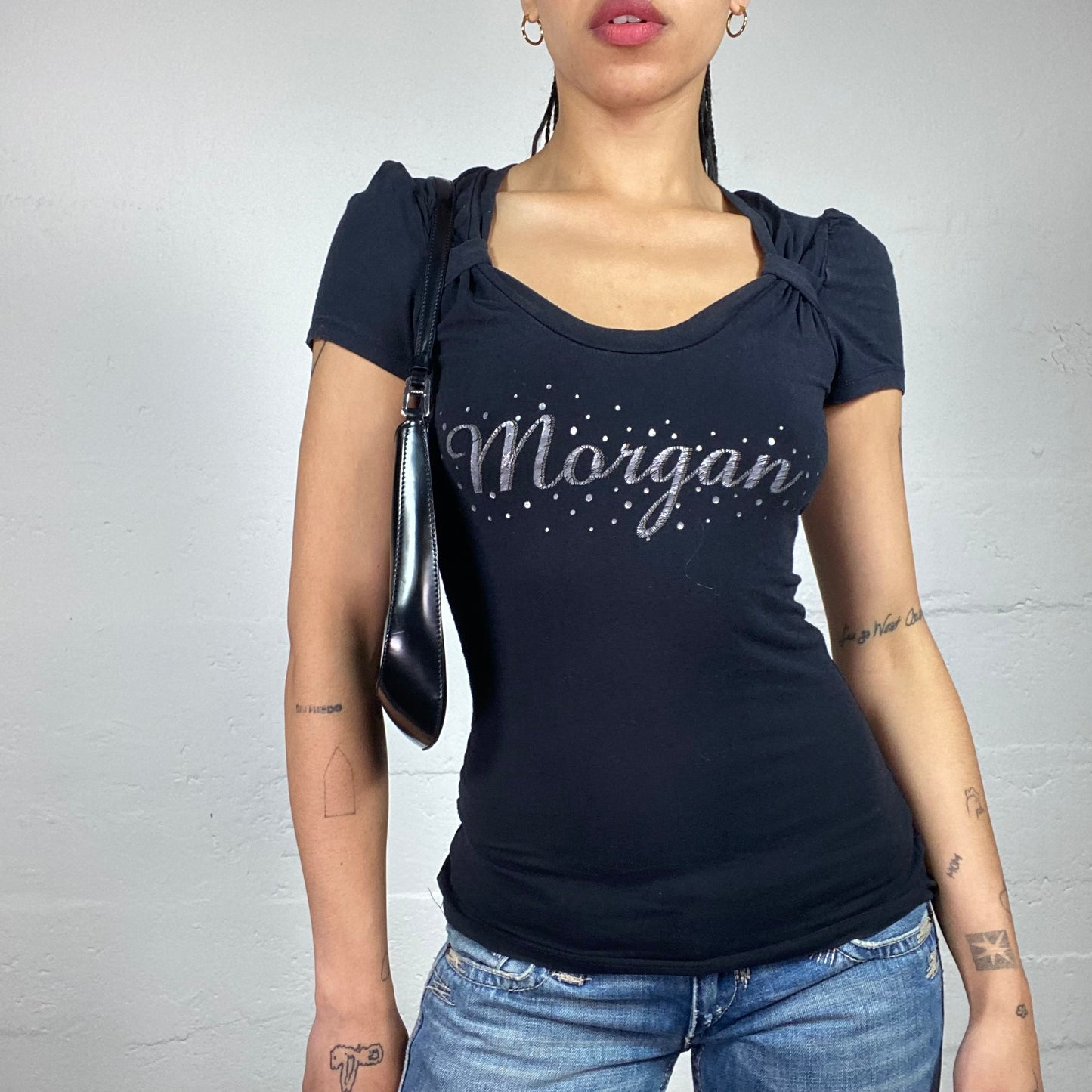 Vintage 2000's Morgan Black Short-Sleeved Top with Shiny Silver Logo Print (S)